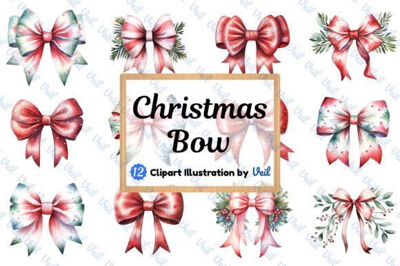 Christmas Bow Clipart Watercolor Bundle for Illustrations