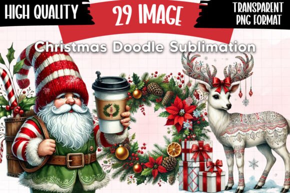 Christmas Doodle Sublimation Clipart for Illustrations