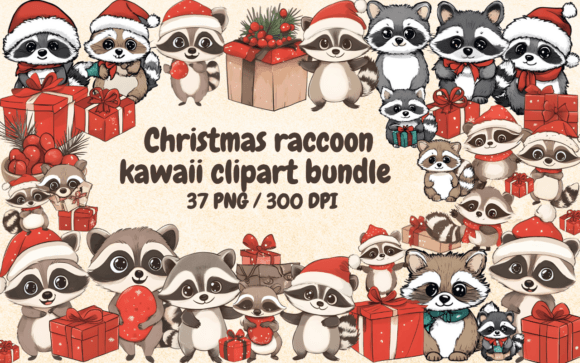 Christmas Raccoon Kawaii Clipart PNG