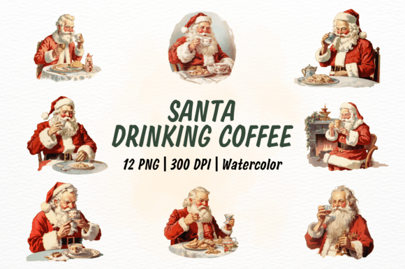 Christmas Santa Drinking Coffee Clipart: Illustrations for Handmade Sellers