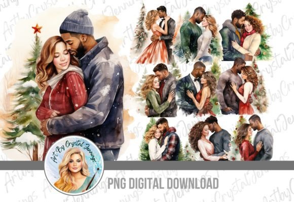 Christmas Tree Interracial Couple PNG: Modern Illustrations for Editorial Content
