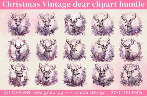 Christmas Vintage Dear Clipart Bundle for Illustrations