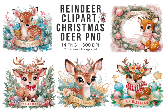 Cute Christmas Reindeer Clipart Bundle: Festive Illustrations for Local Business Branding